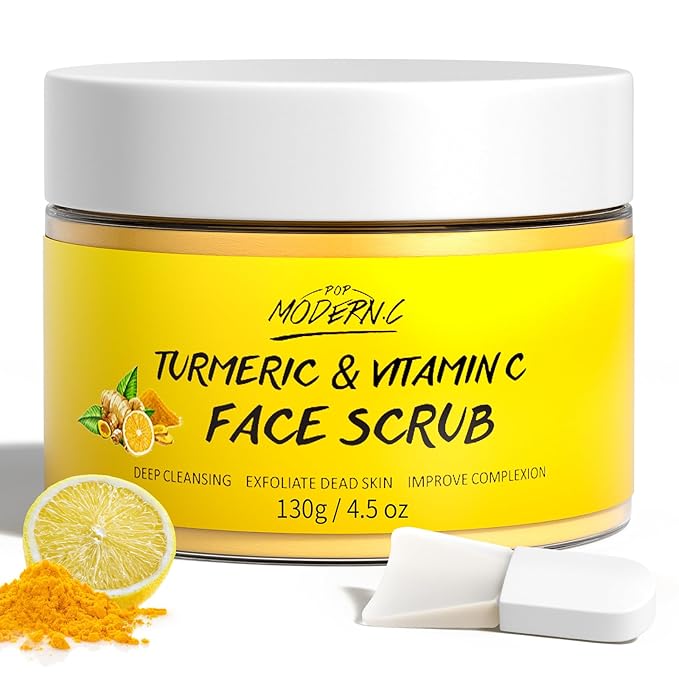Vitamin C and Turmeric Face Scrub Cream Organics Microdermabrasion Facial Scrub Exfoliating Clears Blackheads Improve Dark Spot Acne with Strawberry Extract Exfoliator 130g/4.5oz-Velvo Beauty