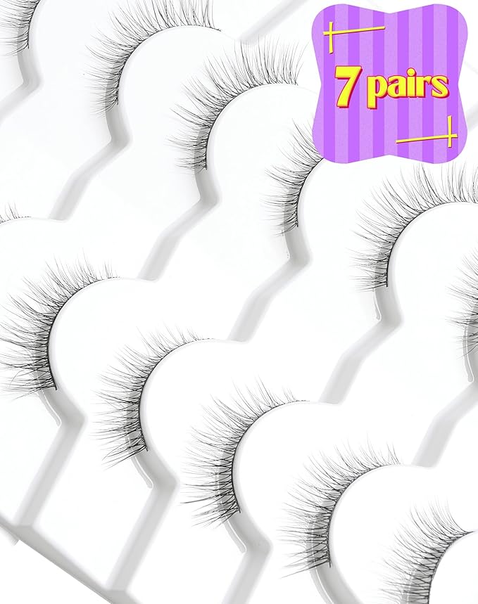 Onlyall Natural Lashes Wispy Lashes Natural Look False Eyelashes Natural Flared Eyelashes False Eye Lashes Soft Fluffy Lashes 7 Pairs DK32, Black-Velvo Beauty