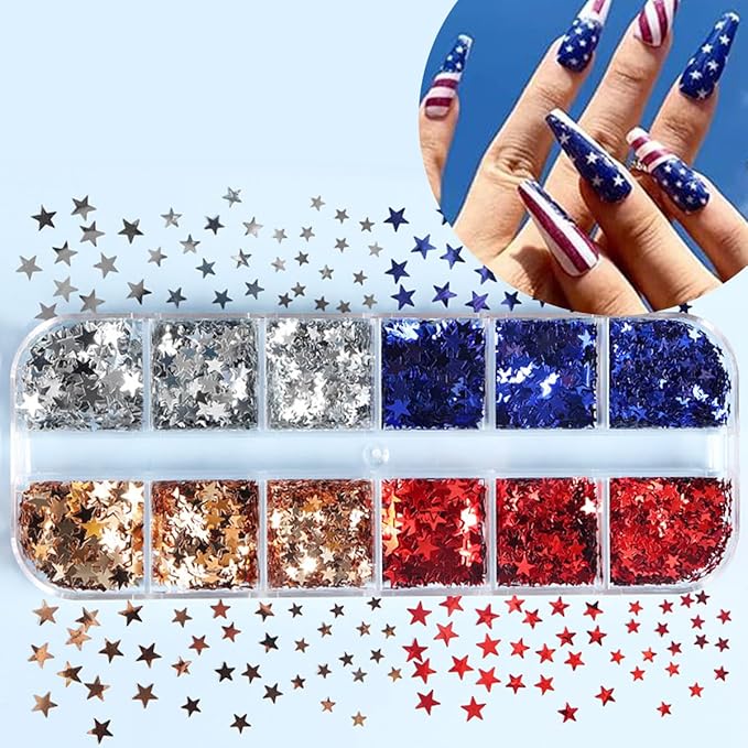 12 Grid July 4th Nail Art Glitter Sequins Independence Day Star Nail Decal Gold Glitter Flakes for Women-Velvo Beauty