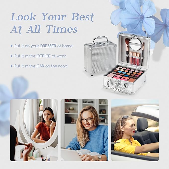 Color Nymph Beginner Makeup Kit For Teens With The Small Cosmetic Train Case Included 24-Colors Eyeshadow Palette Blushes Bronzer Highlighter Lipstick Brushes Mirror(Silver)-Velvo Beauty