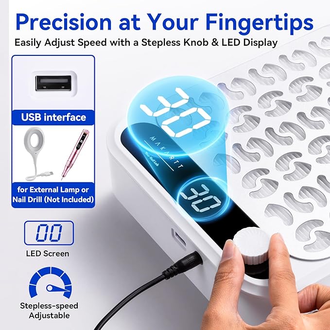 Makartt Nail Dust Collector - Professional Powerful Suction Larina Dust Collector Nail Tech LED Display, Adjustable Speed Reusable Filter, Strainer Panel for Acrylic Nail Polishing Manicure Salon Home-Velvo Beauty