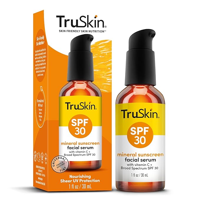 TruSkin Sunscreen Serum for Face – SPF 30 Universal Tinted Mineral Sunscreen Face Serum – Lightweight Transparent Finish – Zinc Oxide, Vitamin C, Hyaluronic Acid, Ceramides, All Skin Types, 1 fl oz-Velvo Beauty