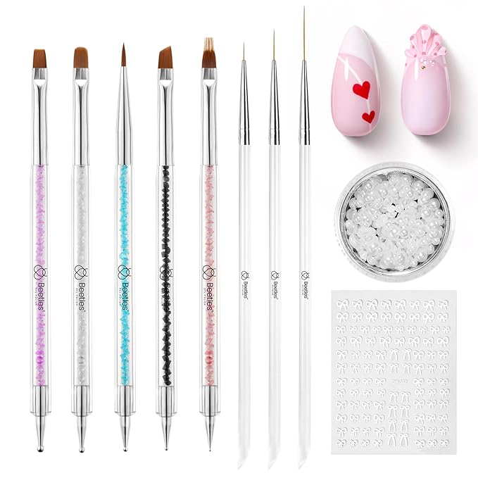 Beetles Nail Art Brushes, 8pcs Double-headed Nail Art Tool Set, Nail Dotting Tools, Striping Nail Art Brushes for Lines, Nail Drawing Pen with Bow knot Stickers Gift for Women-Velvo Beauty