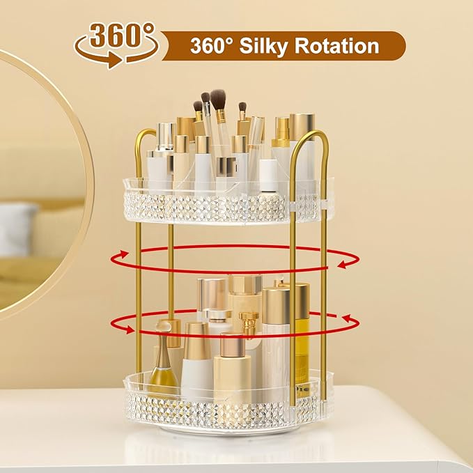 360 Rotating Makeup Organizer 2 Tier, Large Skincare Clear Make Up Storage Spinning Perfume Organizers for Bathroom Counter Dresser, White-Velvo Beauty