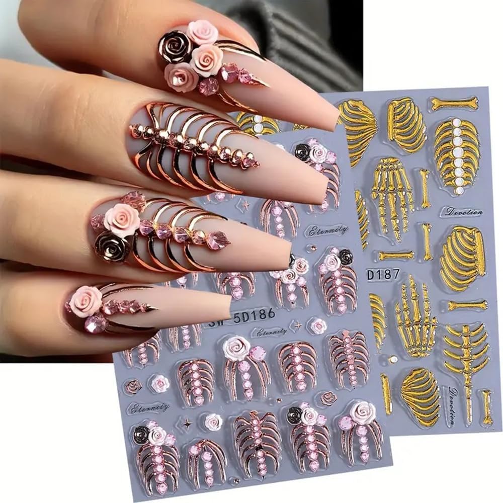 2 Sheets 5D Embossed Skull & Bone Nail Decals for Nail Art Self-Adhesive Halloween Nail Stickers Pink Hand Bone Rose Flower Nail Art Stickers Scary Gold Bones Design Decals for Women Nail Accessories-Velvo Beauty