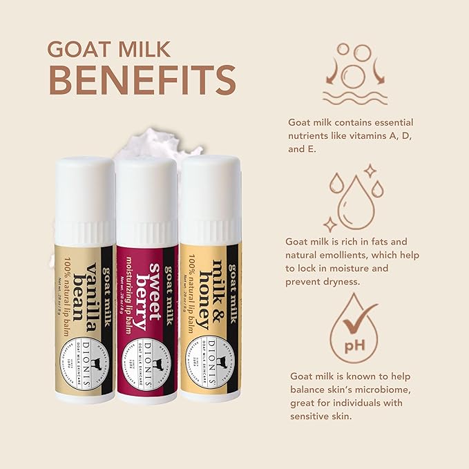 Dionis Goat Milk Skincare Warm & Sweet Lip Balm Gift Set - Beeswax, Shea Butter & Coconut Oil Lip Care Products Made in The USA - Cruelty Free Lip Moisturizer For Dry Chapped Lips, 0.28oz 3 Pack-Velvo Beauty