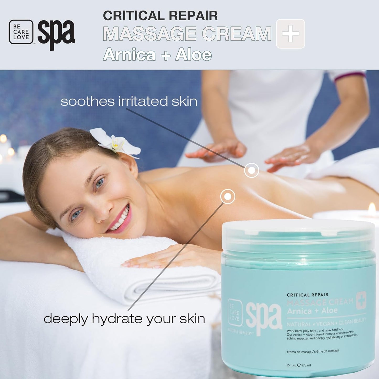 Be Care Love Spa Critical Repair Massage Cream with Organic Arnica and Organic Aloe Natural Vegan Clean Beauty Made in USA 16 fl oz-Velvo Beauty