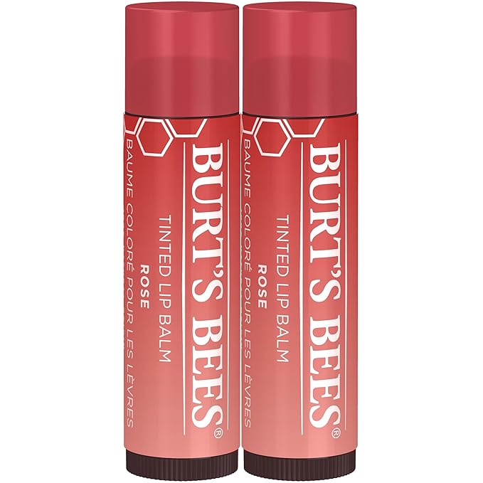 Burt's Bees Lip Tint Balm with Long Lasting 2 in 1 Duo Tinted Balm Formula, Color Infused with Deeply Hydrating Shea Butter for a Natural Looking Buildable Finish, Petal Rose (2-Pack)-Velvo Beauty