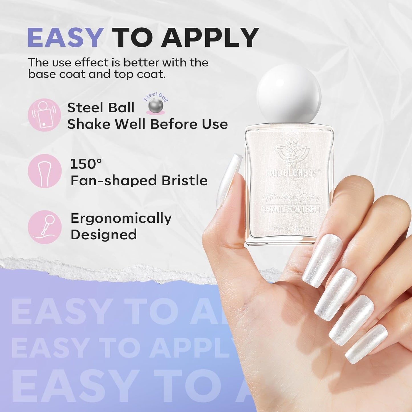 modelones Pearl White Nail Polish, Shimmer Glitter White 15 ml Quick Dry Nail Lacquer Strengthener Long Last Shine Fingernail Toe Nail Art DIY Home Travel Manicure Gift for Women Girls 0.5 Fl Oz-Velvo Beauty