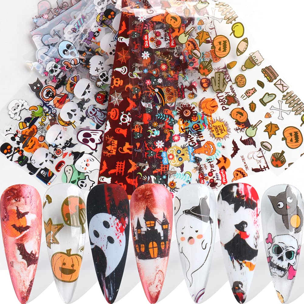 Halloween Series Transfer Stickers Kawaii Nail Art Foils Tattoo Decals - Pumpkin, Ghost, Sugar Skull, Haunted House, Spider Web, Candy Wrap Design - Manicure Tips Decorations Supplies-Velvo Beauty