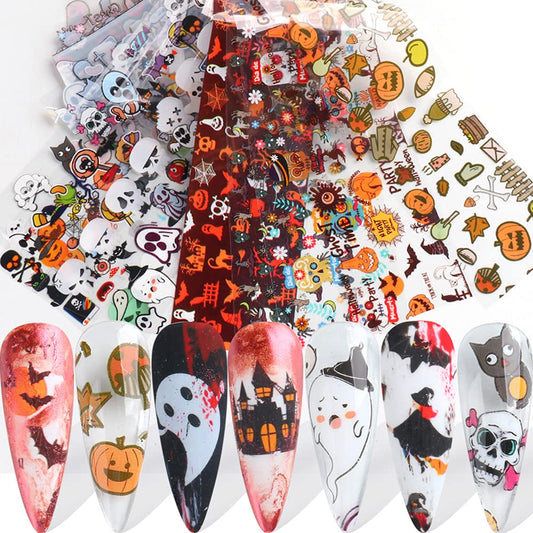 Halloween Series Transfer Stickers Kawaii Nail Art Foils Tattoo Decals - Pumpkin, Ghost, Sugar Skull, Haunted House, Spider Web, Candy Wrap Design - Manicure Tips Decorations Supplies-Velvo Beauty