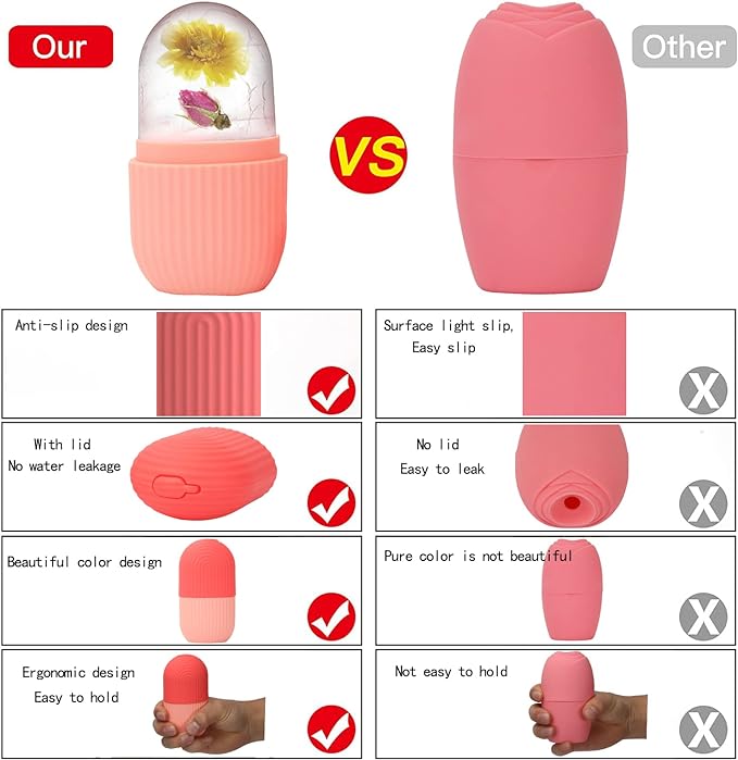 XHJRI Ice Cube Roller Massager for Face, Eyes and Neck Naturally Conditioning and Skin Care,De-Puff Eye Bags,Reduce Migraine Pain,Reusable Massage Silicone Ice Mold (Pink)-Velvo Beauty