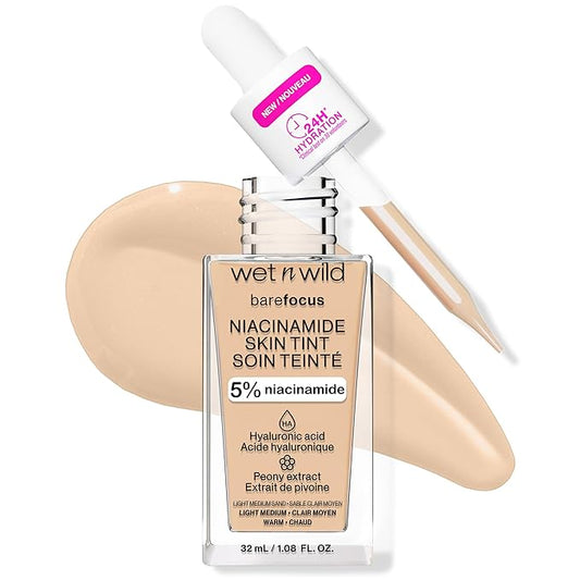 wet n wild Bare Focus Skin Tint, 5% Niacinamide Enriched,Buildable Sheer Lightweight Coverage,Natural Radiant Finish,Hyaluronic & Vitamin Hydration Boost,Cruelty-Free & Vegan-Light Medium Sand-Velvo Beauty