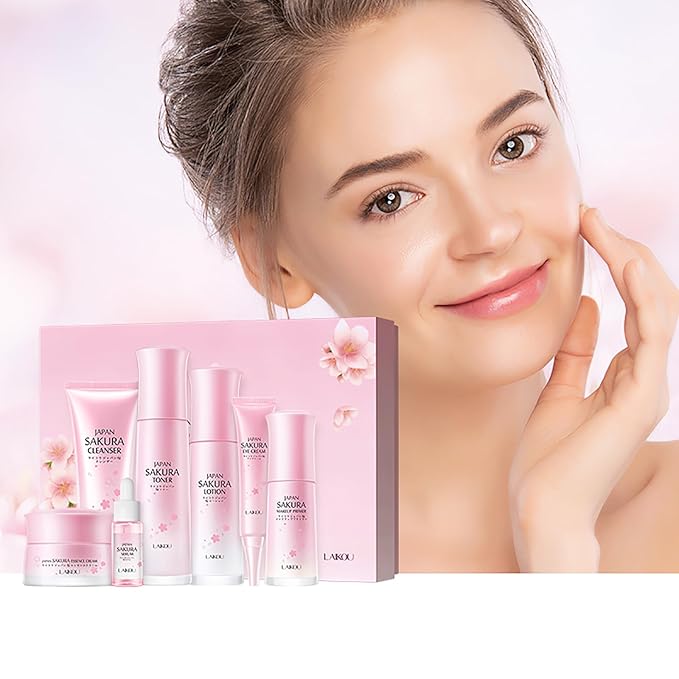 Skin Care Set JAPAN SAKURA Beauty Gift Sets Skin Care Kit with Cleanser, Toner, Lotion, Serum, Eye Cream, Face Cream, Make up Primer Travel Kit for Women Wife Mom 7pcs-Velvo Beauty