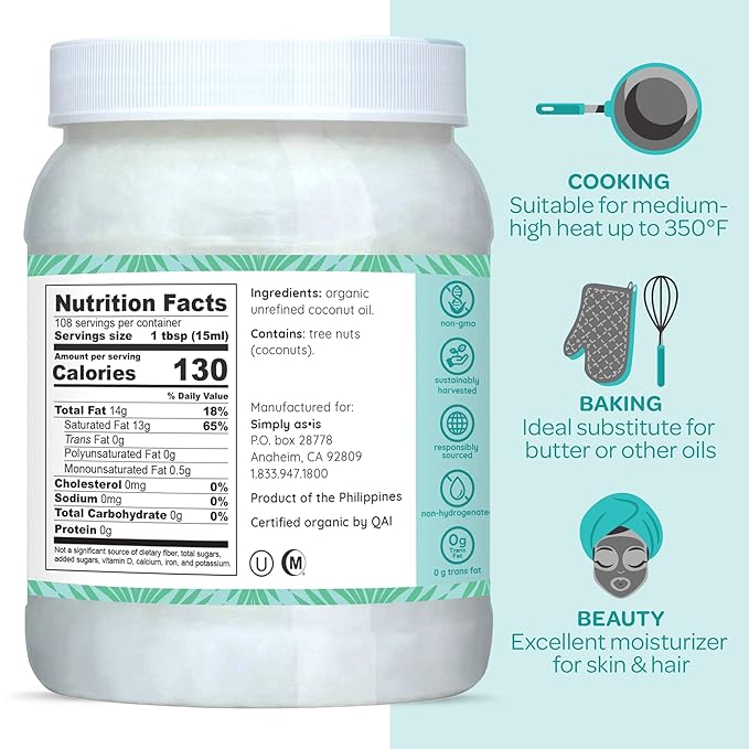 Simply as-is | Cold-Pressed & ﻿Organic Virgin | Unrefined | Coconut Flavor for Cooking & Baking | Deep Moisturizer for Beauty | 54 fl oz-Velvo Beauty