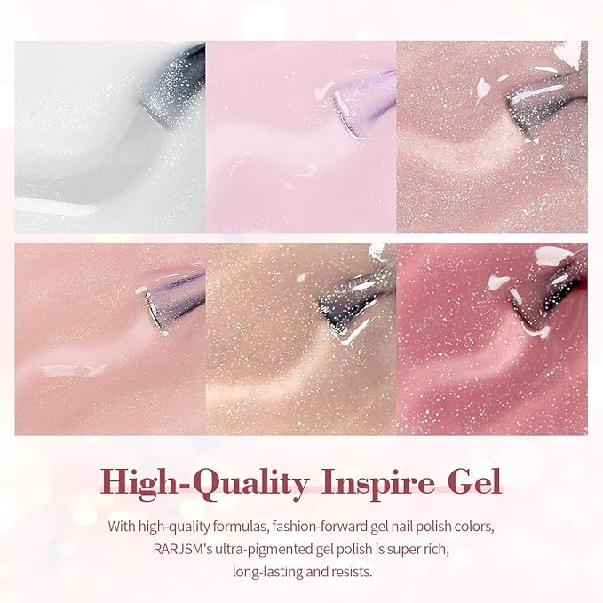 RARJSM Glitter Nude Gel Nail Polish 6pcs Set Shimmery Nail Gel Polish Iridescent Sparkly Gold Rainbow Pigment Jelly Sheer Pink Milky Silver White Translucent Natural Skin Tone Color 7.5ml Soak off-Velvo Beauty
