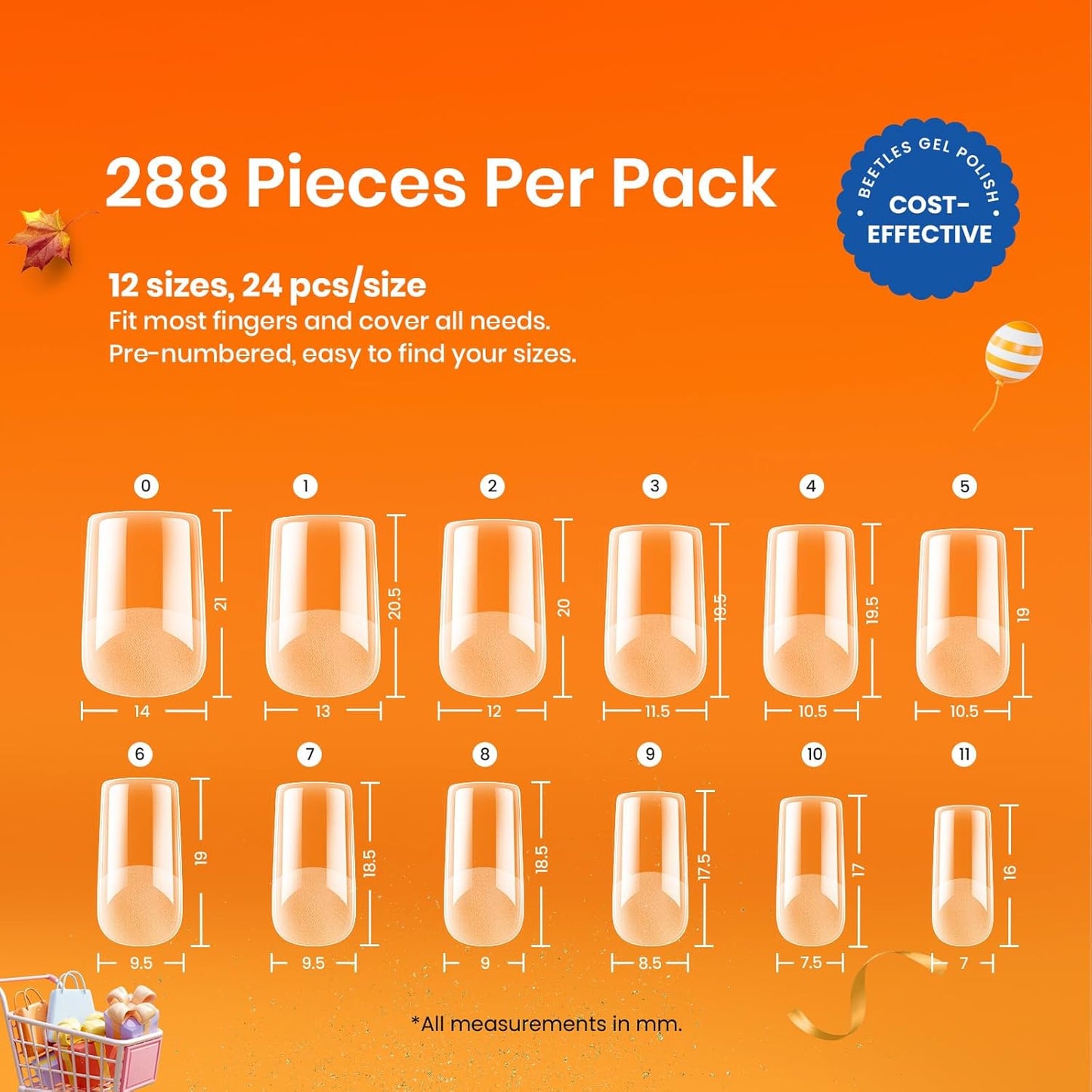 Beetles Short Square Gel Nail Tips 12 Sizes 288 PCS Half Matte Full Cover False Nails Clear Acrylic Nails Glue on Nails for Girls Women DIY Nail Extension-Velvo Beauty