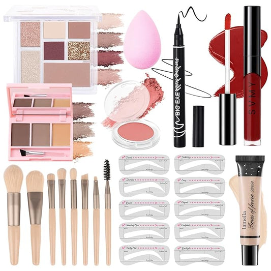 Makeup Kit for Teens Girls, Makeup Present Set for Women, Makeup Full Kit for Beginners, Mini Makeup Bundle Include 7 Puce colors Matte & Shimmer Pigmented Eyeshadow Palette, Eyebrow Powder-Velvo Beauty
