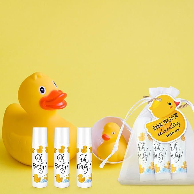 Demissle 50 Pcs Baby Shower Lip Balm Gift Set with 100 Pcs Organza Bags Baby Shower Party Favor for Guest Thank You Tag Rope Baby Shower Party Decoration Gender Reveal Souvenirs (Duck)-Velvo Beauty