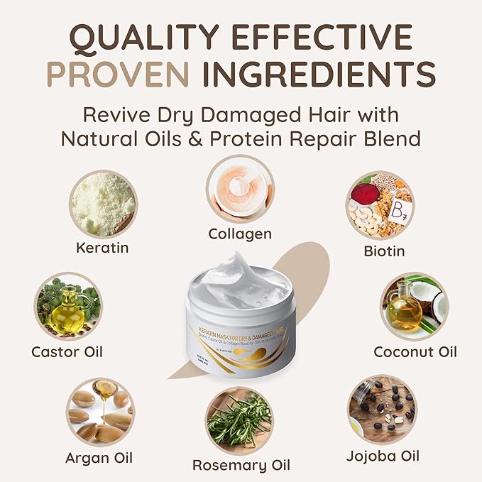 VITAMINS hair cosmetics Keratin Hair Mask - Deep Repair Conditioner with Biotin & Castor Oil - For Damaged, Dry, Curly, Straight, Thin & Fine Hair - Intense Collagen Protein Treatment-Velvo Beauty