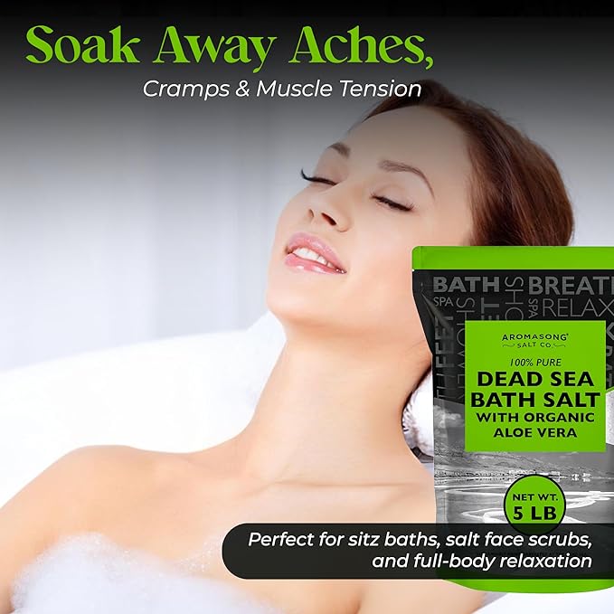Aromasong Dead Sea Salt with Organic Aloe Vera, Spa Bath Salts, 5 Lbs Fine Bulk resealable Pack, 100% Pure & Natural, Soak for Women & Men for Tired Muscles & Skin Issues (Packaging May Vary)-Velvo Beauty