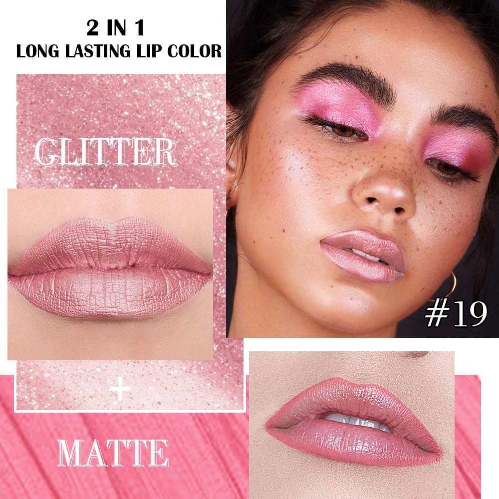 Kaely 2-in-1 Nude Pink Metallic Lipstick and Lip Liner, Shimmer Liquid Metallic Lipsticks for Women, Glitter Lip Gloss Stain Long Lasting Waterproof Smudge Proof 24 Hour, Vegan Makeup, 19-Velvo Beauty