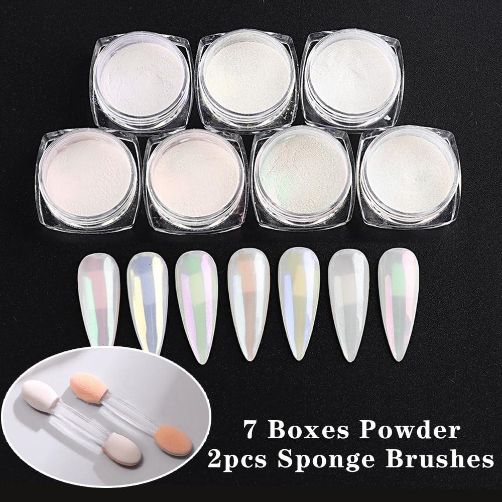 7 Colors Pearl Chrome Nail Powder,Aurora Mermaid Iridescent Powder Set, Metallic Mirror Effect Glitters Pigment for Gel Polish Nail Art Decorations-Velvo Beauty