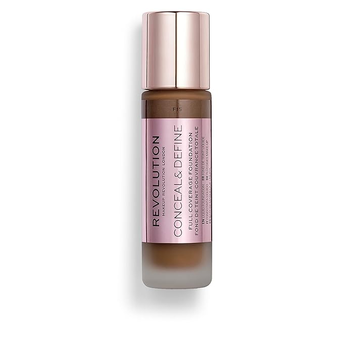 Makeup Revolution Conceal and Define Foundation, Full Coverage & Matte Finish, F15 for Dark Skin Tones, Vegan & Cruelty-Free, 0.7 Fl Oz-Velvo Beauty