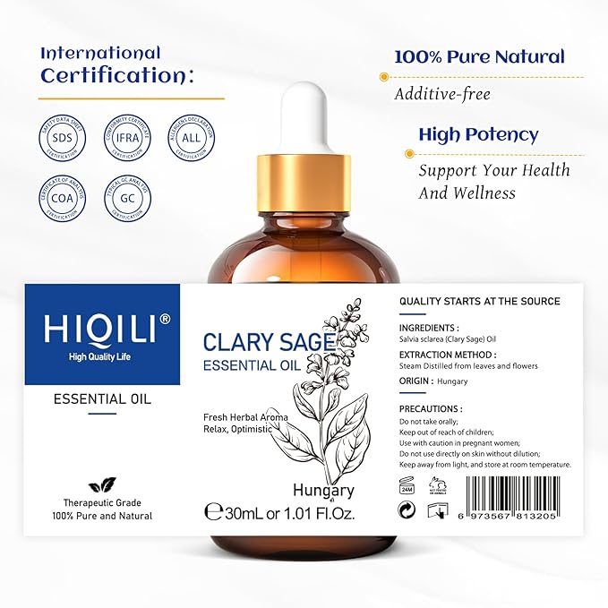 HIQILI 1 Fl Oz Clary Sage Oil Essential Oil, 100% Pure Undiluted for Diffuser, Aromatherapy - 30ml-Velvo Beauty
