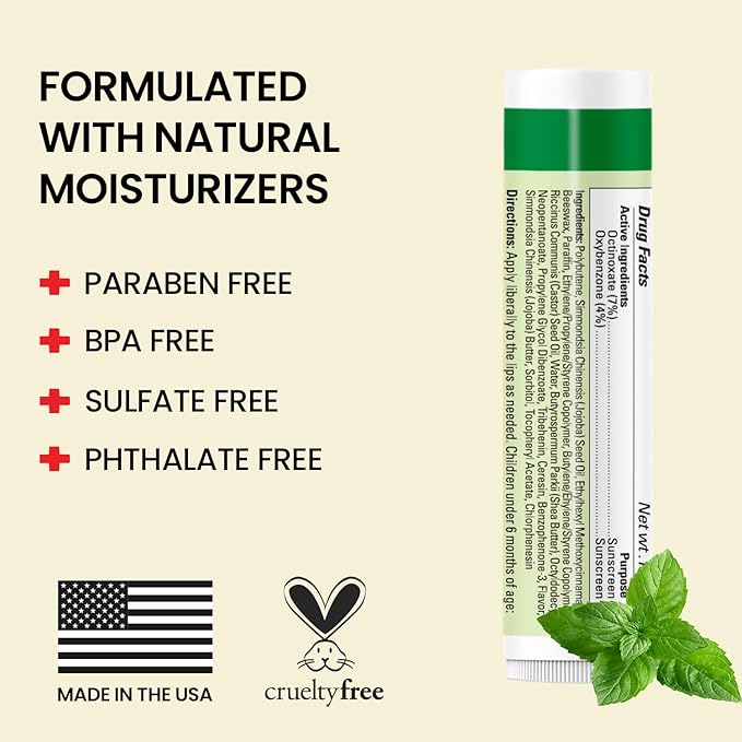 Original Udder Stick SPF Lip Balm, Soothing Moisturizer Sun Screen Balm for Dry Lips with Jojoba, Beeswax & Shea Butter, Total Lip Care, Hydration & Repair, Mint Flavor, 4 Pack-Velvo Beauty