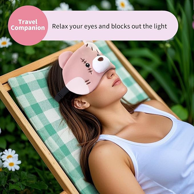 PERFECTSIGHT Sleep Eye Masks, Cute Plush Sleep Eye Cover Lightweight Adjustable Eyeshade Faux Fur Mask Cover for Women Men Kids Sleep Travel Nap, Big Eye Girl, Purple Nose, Brown Pudding Bear-Velvo Beauty