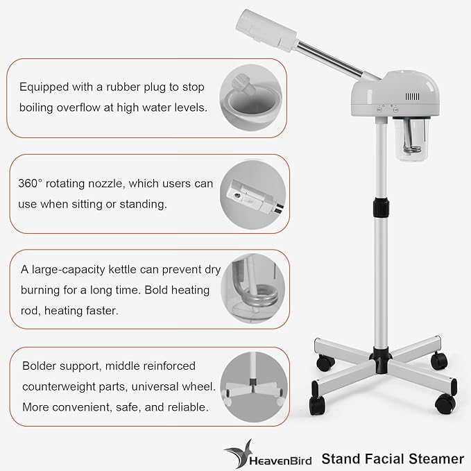 Stand Professional Ozone Facial Steamer with Touch Control, Adjustable Height & Rolling Base, 360° Rotatable Nozzle, Hot Mist Function, Use for Home, Salon SPA (White)-Velvo Beauty