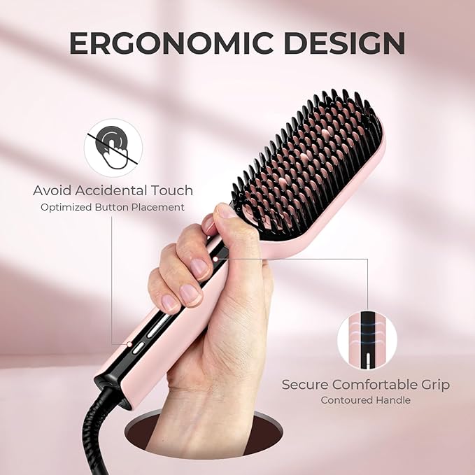 TYMO Hair Straightener Brush - Upgraded Ionic Plus Straightening Brush with Dense Bristles, 16 Temps, Dual Voltage | Ceramic Hot Comb for Women | Flat Iron for Thick Curly Hair, Pink-Velvo Beauty