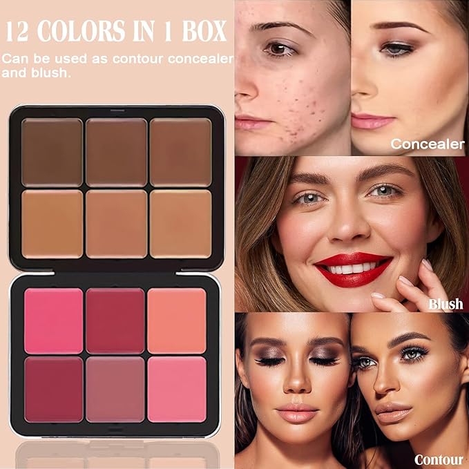 6 Colors Cream Blush Palette + 6 Colors Concealer Cream Contour Palette, Carla Secret Makeup Palette, Foundation Palette with 11 Pcs Makeup Brush Set, Long Wearing Blendable Full Coverage-Velvo Beauty