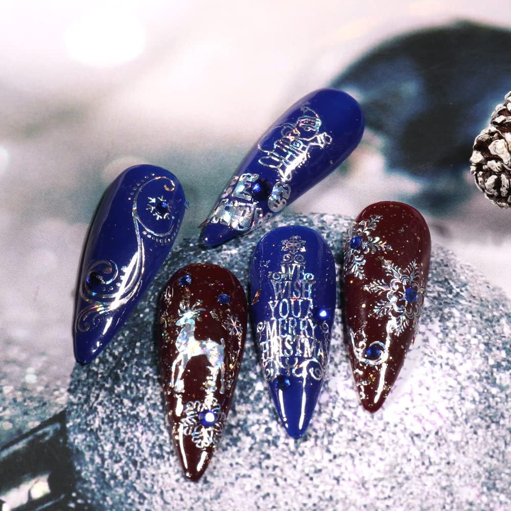 9 Sheets Merry Christmas Nail Art Stickers Decals Self-Adhesive Holiday Snowflakes Laser Silver Snowman Bell Nail Supplies Nail Art Design Decoration Accessories-Velvo Beauty