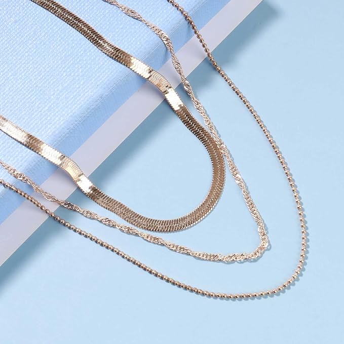 Punk Layered Chain Necklace Gold Flat Snake Chain Necklace Choker Vintage Herringbone Necklace Stacking Chunky Necklace Chain Jewelry for Women and Girls Gift-Velvo Beauty