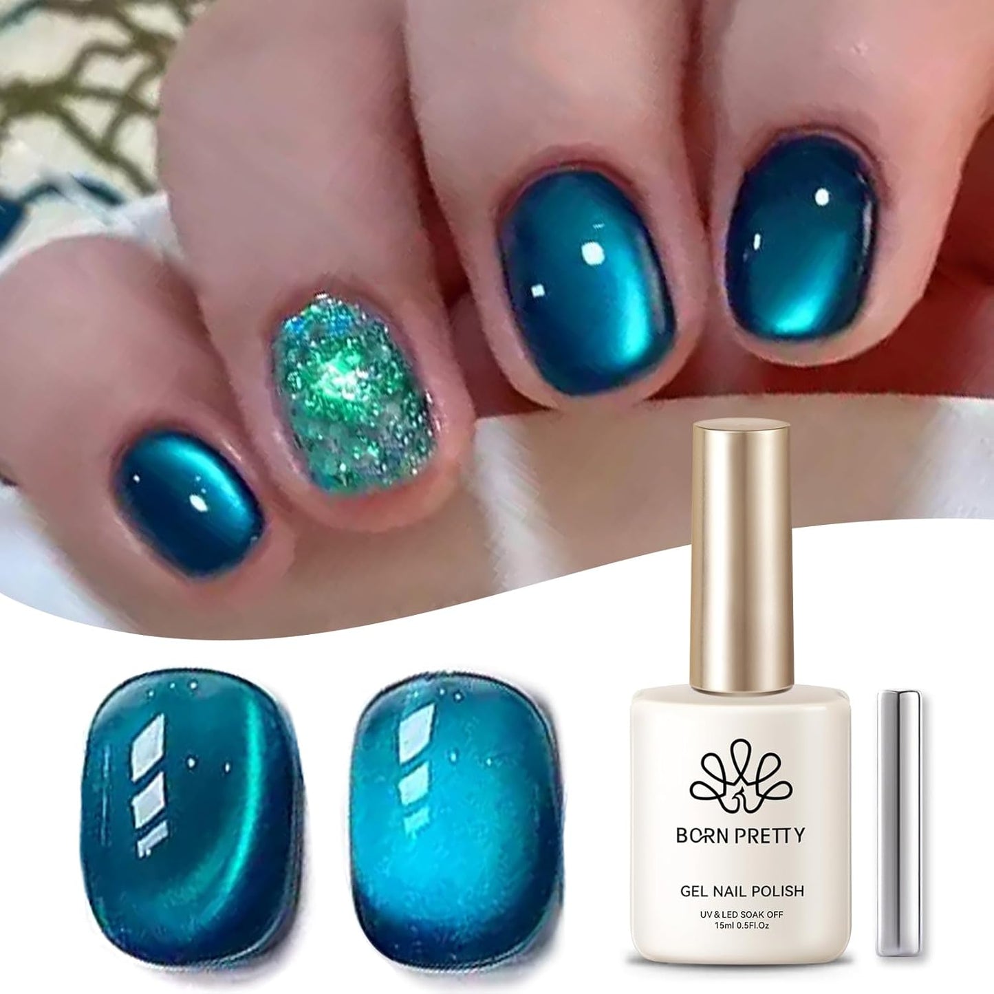 Born Pretty Cat Magnetic Gel Nail Polish, Sea Blue Crystal Cat, Holographic Magnetic Nail Art Manicure Salon DIY at Home 15ML-Velvo Beauty