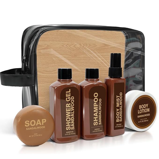 Gift Sets for Men Bath and Body Mens Gifts 6pcs Sandalwood Travel Size sets with Shampoo, Shower Gel, Soap, Body Lotion, Birthday Gifts for Men, Self Care Fathers Day Gifts-Velvo Beauty
