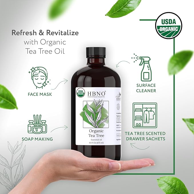 HBNO Organic Tea Tree Oil - Huge 16 oz (475ml) Large Size - Ideal for Diffusers, Cleaning Agents, Deodorizers, and Flavoring Agents.-Velvo Beauty