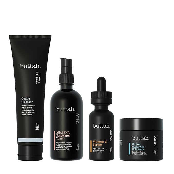 Buttah Skin Supreme Kit for Melanin Rich Skin | Oil-Free Hyaluronic Gel Cream 2 oz | Vitamin C Serum 1 oz | Cleanser 3.4 oz | Rosewater Toner 3.4 oz | Black Owned Skincare-Velvo Beauty