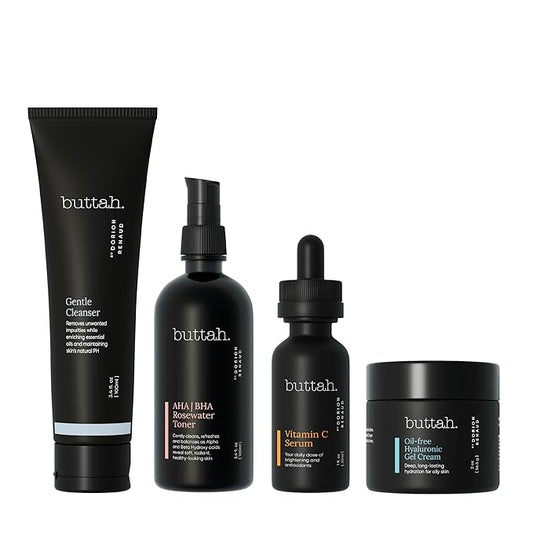 Buttah Skin Supreme Kit for Melanin Rich Skin | Oil-Free Hyaluronic Gel Cream 2 oz | Vitamin C Serum 1 oz | Cleanser 3.4 oz | Rosewater Toner 3.4 oz | Black Owned Skincare-Velvo Beauty