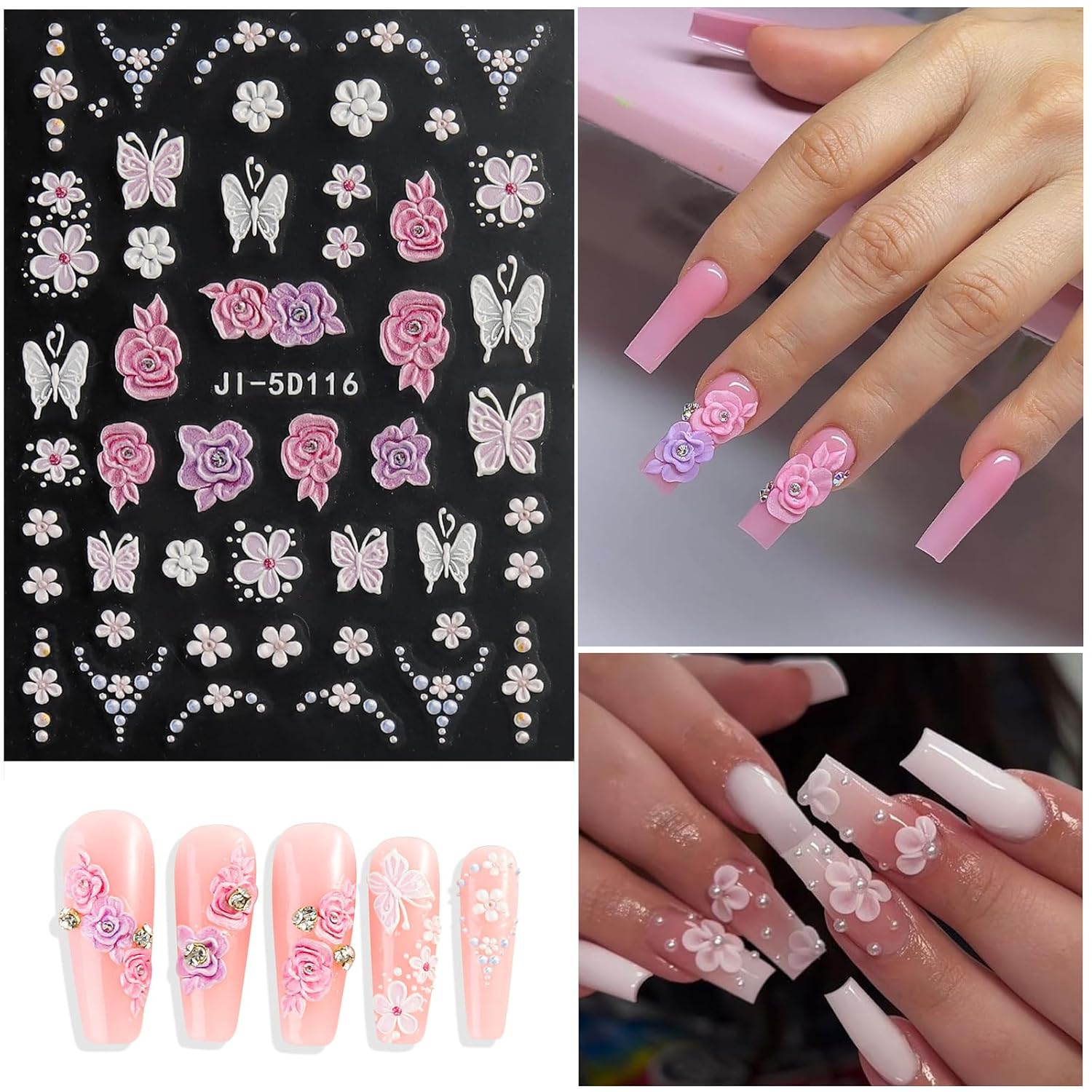 5 Sheets 5D Flower Nail Art Stickers Embossed Nail Decals Spring Summer Nails Art Design 3D Self-Adhesive Nails Supplies White Yellow Blue Colorful Flower Stickers for Women Nail Decoration-Velvo Beauty