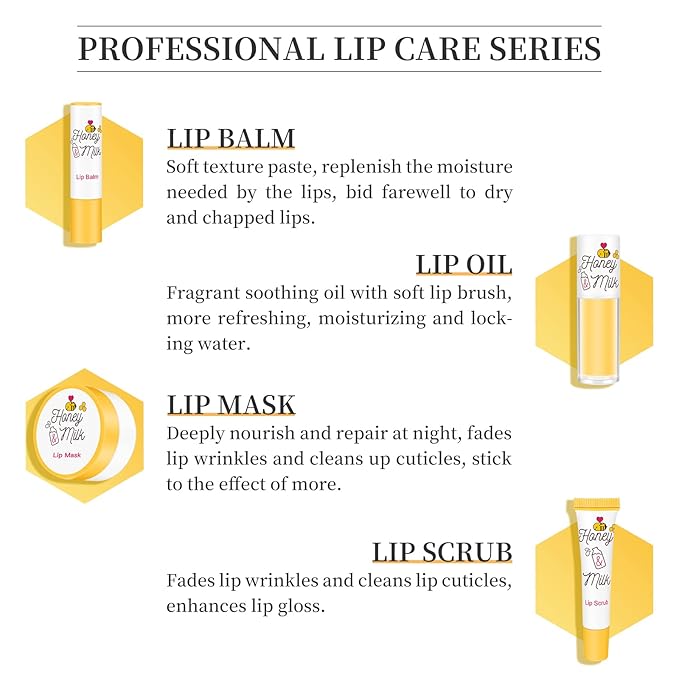 4 Piece Honey Milk Lip Mask Lip Balm Lip Scrub Lip Oil Lip Care Kit, Moisturizing & Nourishing Dry and Cracked Lips, Overnight Sleeping Lip Exfoliator Lip Moisturizer Lip Repair-Velvo Beauty
