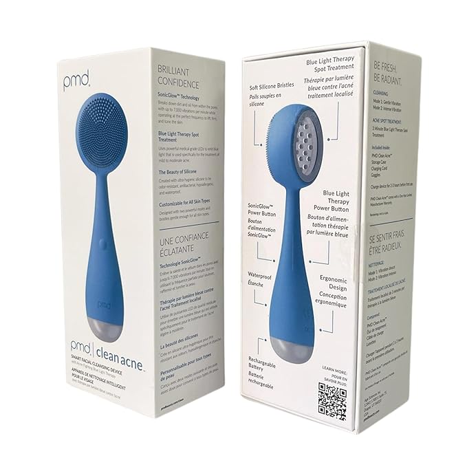 PMD Beauty Facial Cleansing Brush - Smart Silicone Brush with Blue Light Treatment - SonicGlow Vibration - Waterproof Device for Acne-Velvo Beauty