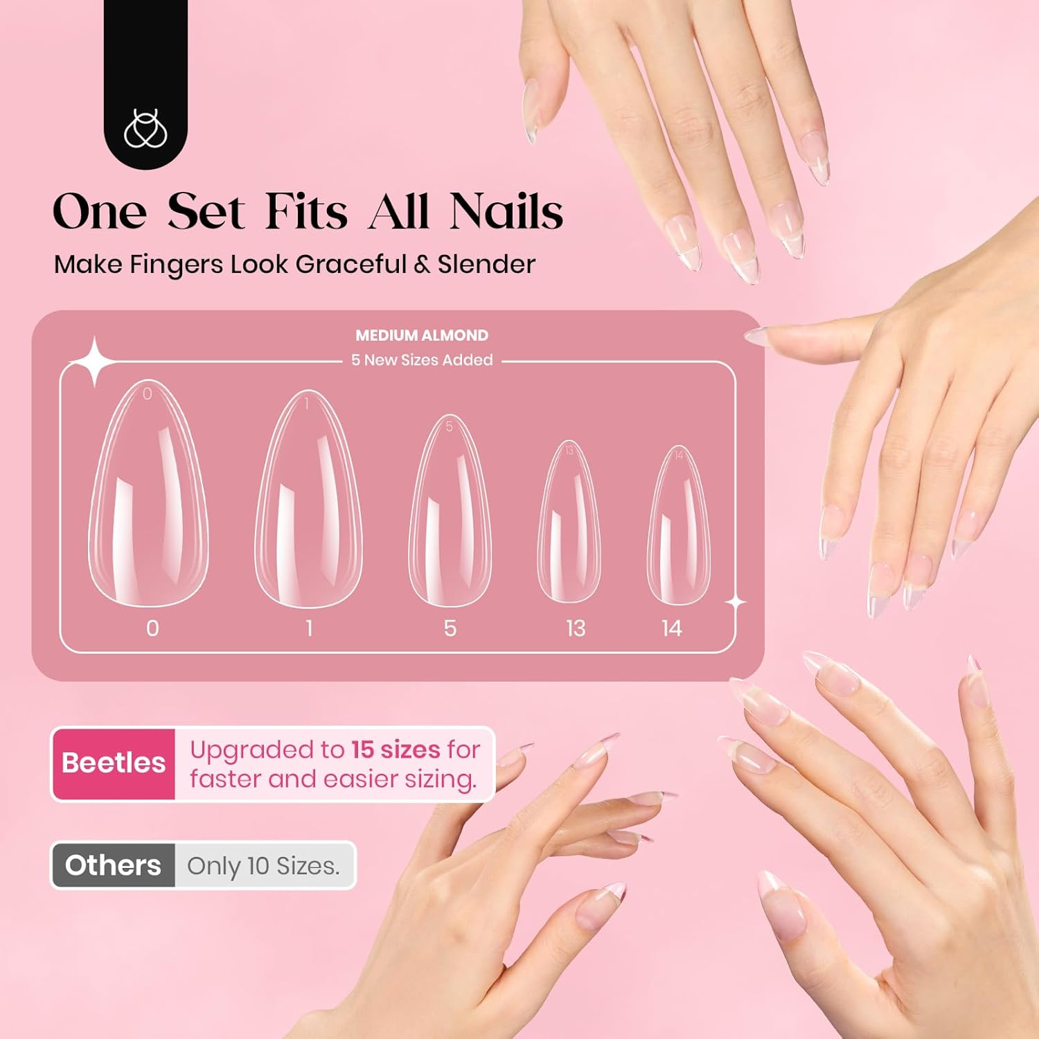 Beetles Gel Nail Kit, 300Pcs Almond Medium Nail Tips with Solid Nail Gel Glue,15 Sizes Soft Clear Nail Tips with Base Coat, Handheld Nail Lamp, Easy Nail Extension Set DIY Manicure Art Gift for Girls-Velvo Beauty