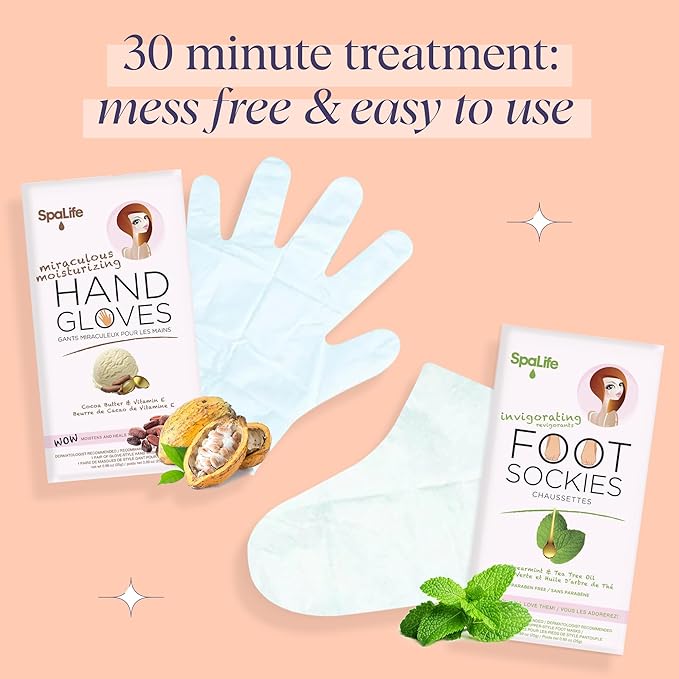 SpaLife Moisturizing Hand Gloves and Foot Sockies Bundle - 4 Hand Gloves & 4 Foot Sockies Set for Hydrating Dry, Cracked Hands and Feet - Repairing Skincare Mini Gift Set-Velvo Beauty