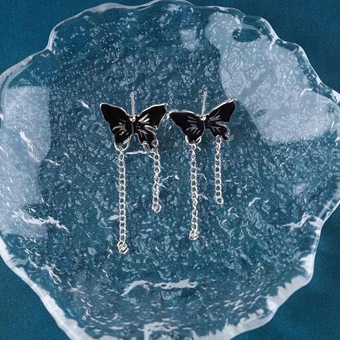 Vintage Butterfly Stud Earrings Silver Chain Tassel Dangle Earrings Black Butterfly Earrings Layer Chain Drop Earrings Jewelry for Women-Velvo Beauty