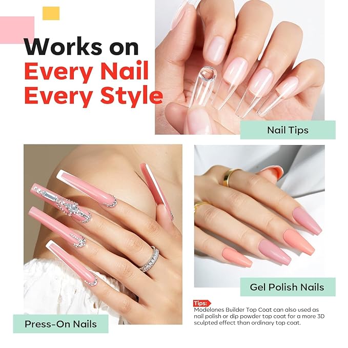 modelones Nail Builder Gel Top Coat, 2-in-One Clear Builder for Nails, LED Lamp Cured Top Coat Strengthener Glue Gel Polish in a Bottle for DIY Home Salon Gifts, 15ML-Velvo Beauty