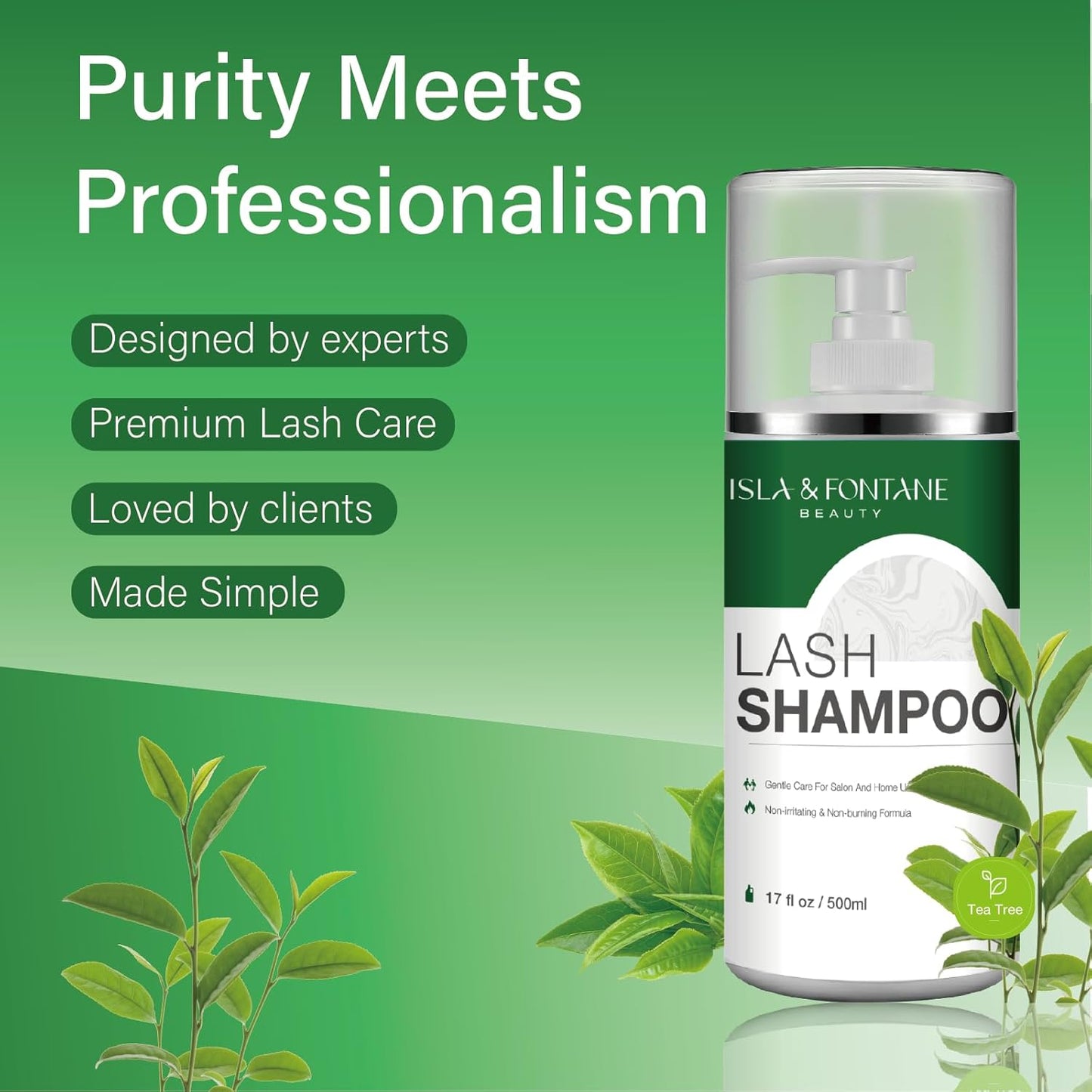 ISLA & FONTANE Lash Shampoo Bulk – Multi-Scent Series – 17 fl oz / 500ml | Gentle Eyelash Cleanser for Lash Extensions | Non-Irritating | Professional Lash Bath Foam For Salon And Home Use (Tea Tree)-Velvo Beauty