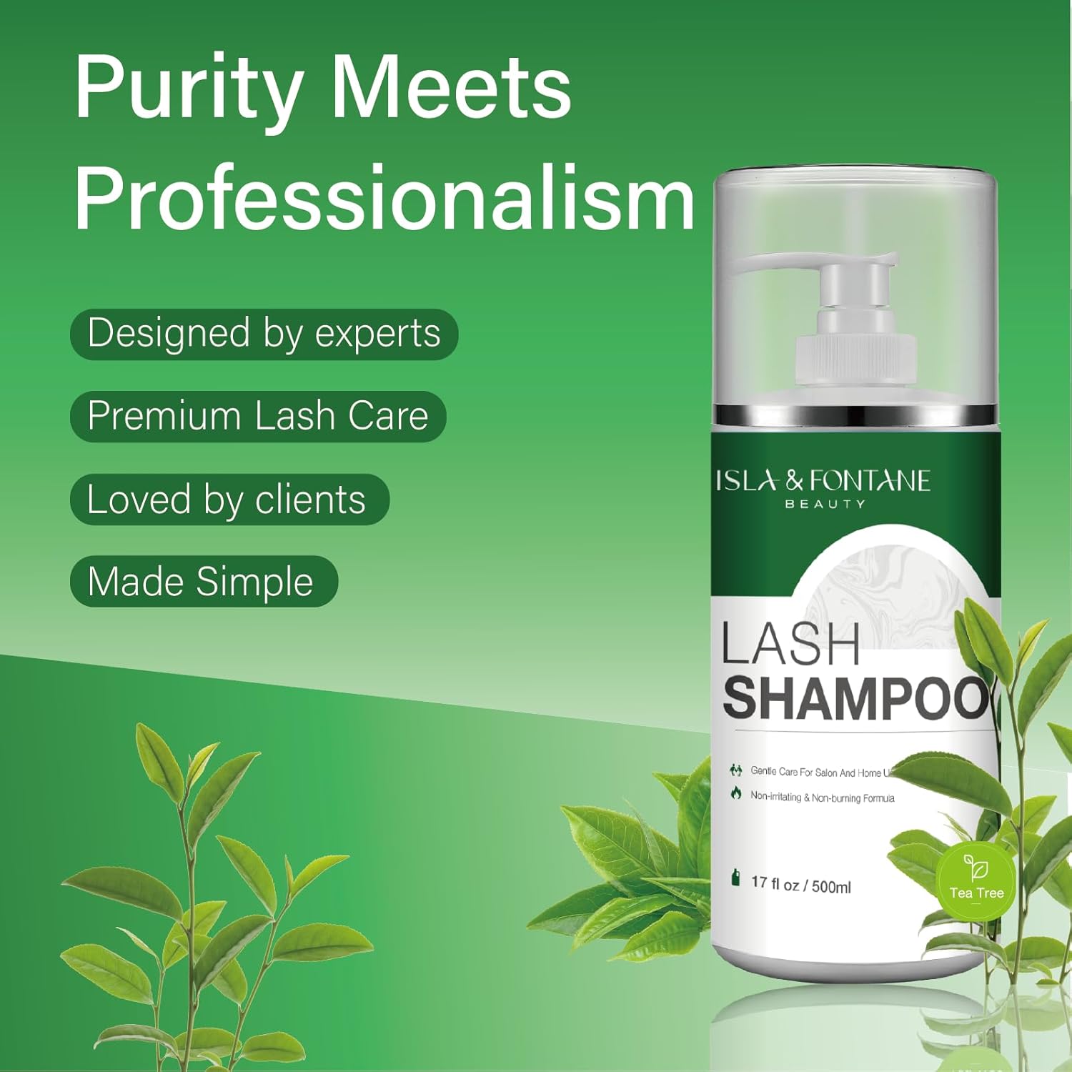 ISLA & FONTANE Lash Shampoo Bulk – Multi-Scent Series – 17 fl oz / 500ml | Gentle Eyelash Cleanser for Lash Extensions | Non-Irritating | Professional Lash Bath Foam For Salon And Home Use (Tea Tree)-Velvo Beauty